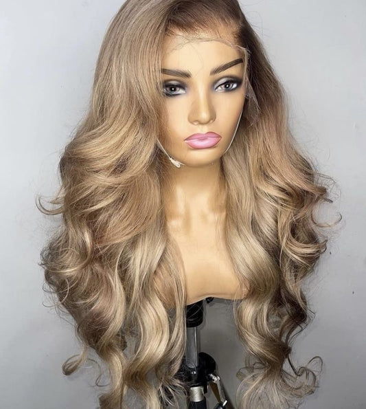 Blonde Highlight Brown Mixed Color Lace Front Synthetic Wig