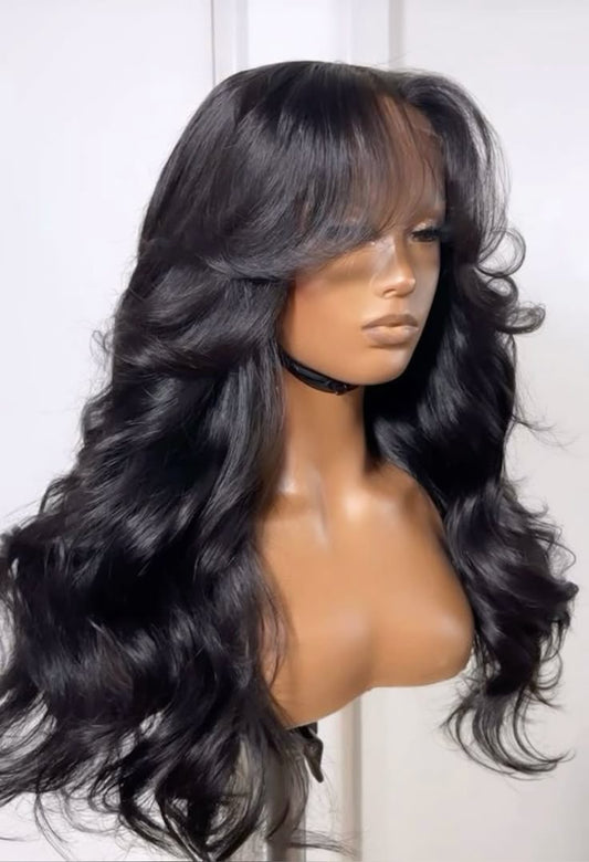 Natural Black Curtain Bangs Lace Front Wig (Human Blend)